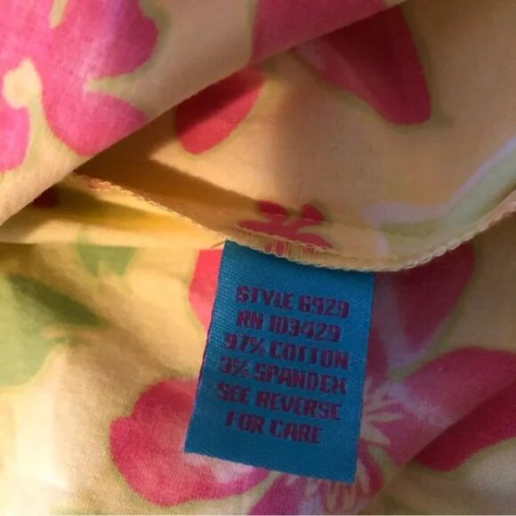 Tahiti Reef Club Floral Knee length Faux Wrap Dress Sundress Yellow Pink Sz L - Picture 7 of 7